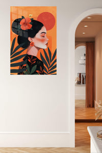 Hibiscus Sunset Portrait metal wall art displayed in a contemporary living space