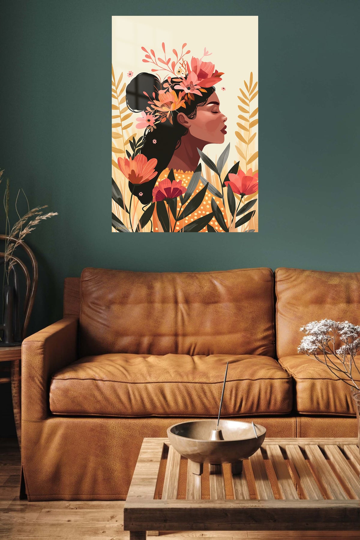 Floral Crown Portrait metal wall art displayed in a contemporary living space