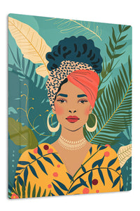 Tropical Woman with Coral Headwrap premium metal wall art – front view