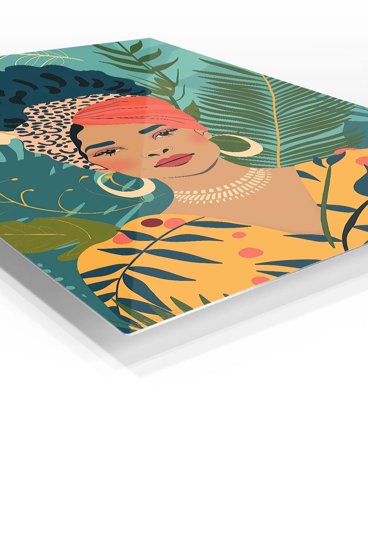 Tropical Woman with Coral Headwrap premium metal wall art – angled view