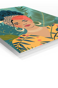 Tropical Woman with Coral Headwrap premium metal wall art – angled view