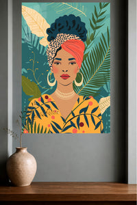 Tropical Woman with Coral Headwrap metal wall art displayed in a modern interior