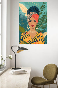 Tropical Woman with Coral Headwrap metal wall art displayed in a contemporary living space