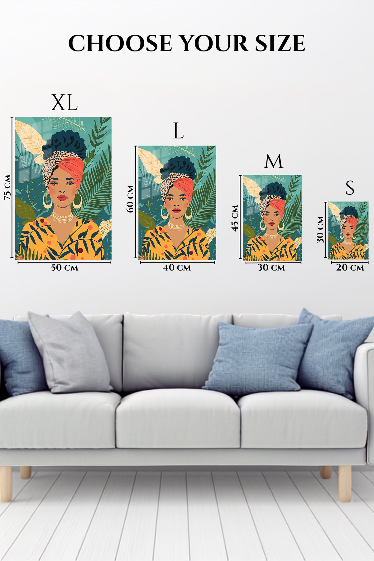 EMESA metal wall art size comparison guide for Tropical Woman with Coral Headwrap