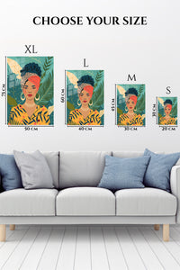 EMESA metal wall art size comparison guide for Tropical Woman with Coral Headwrap