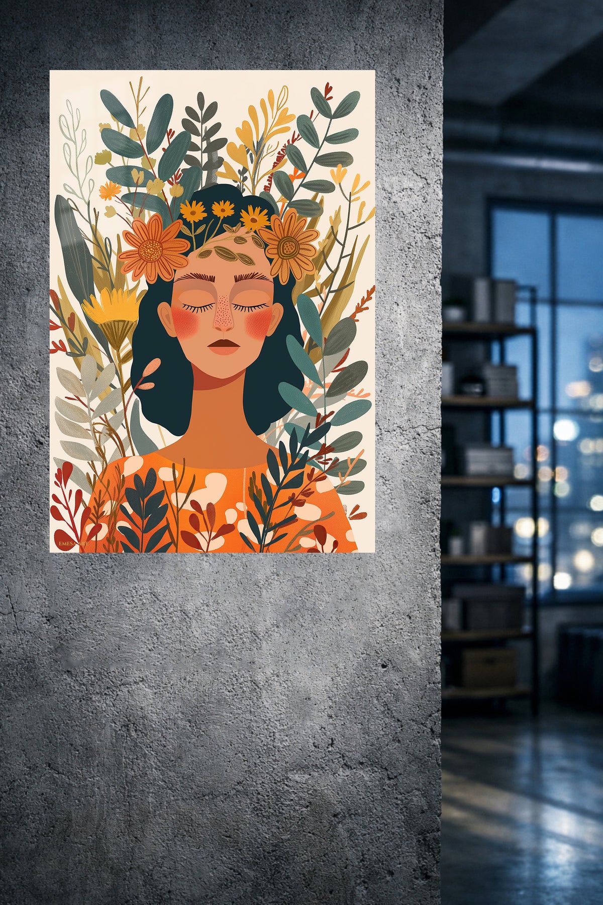 Blooming Boho Portrait metal wall art displayed in a modern interior