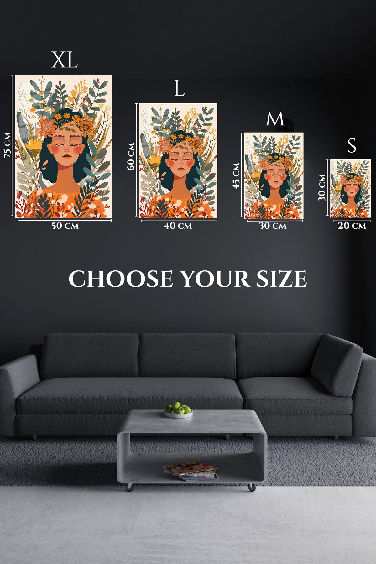 EMESA metal wall art size comparison guide for Blooming Boho Portrait