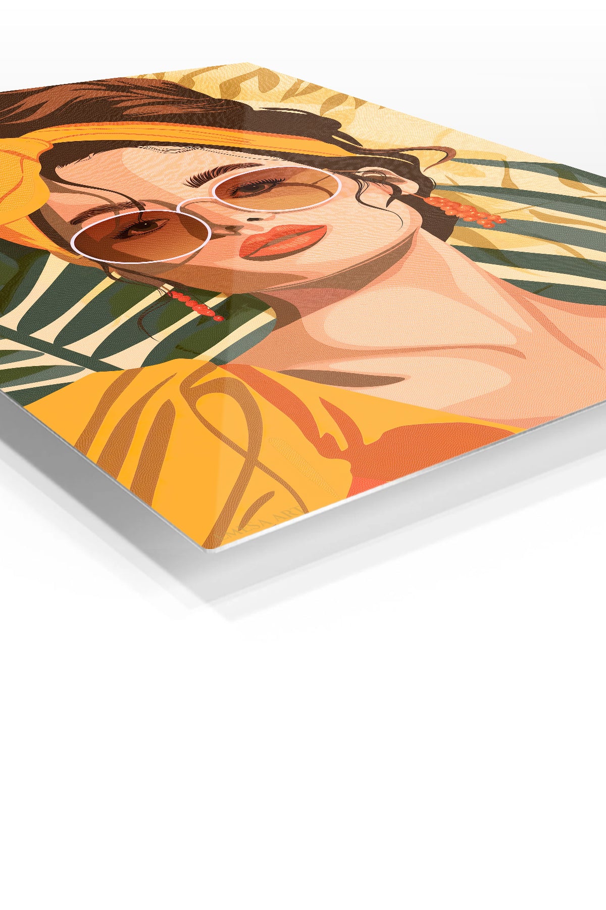 Tropical Muse in Amber premium metal wall art – angled view