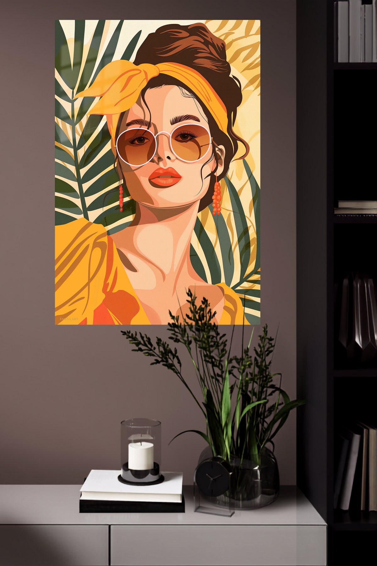 Tropical Muse in Amber metal wall art displayed in a modern interior