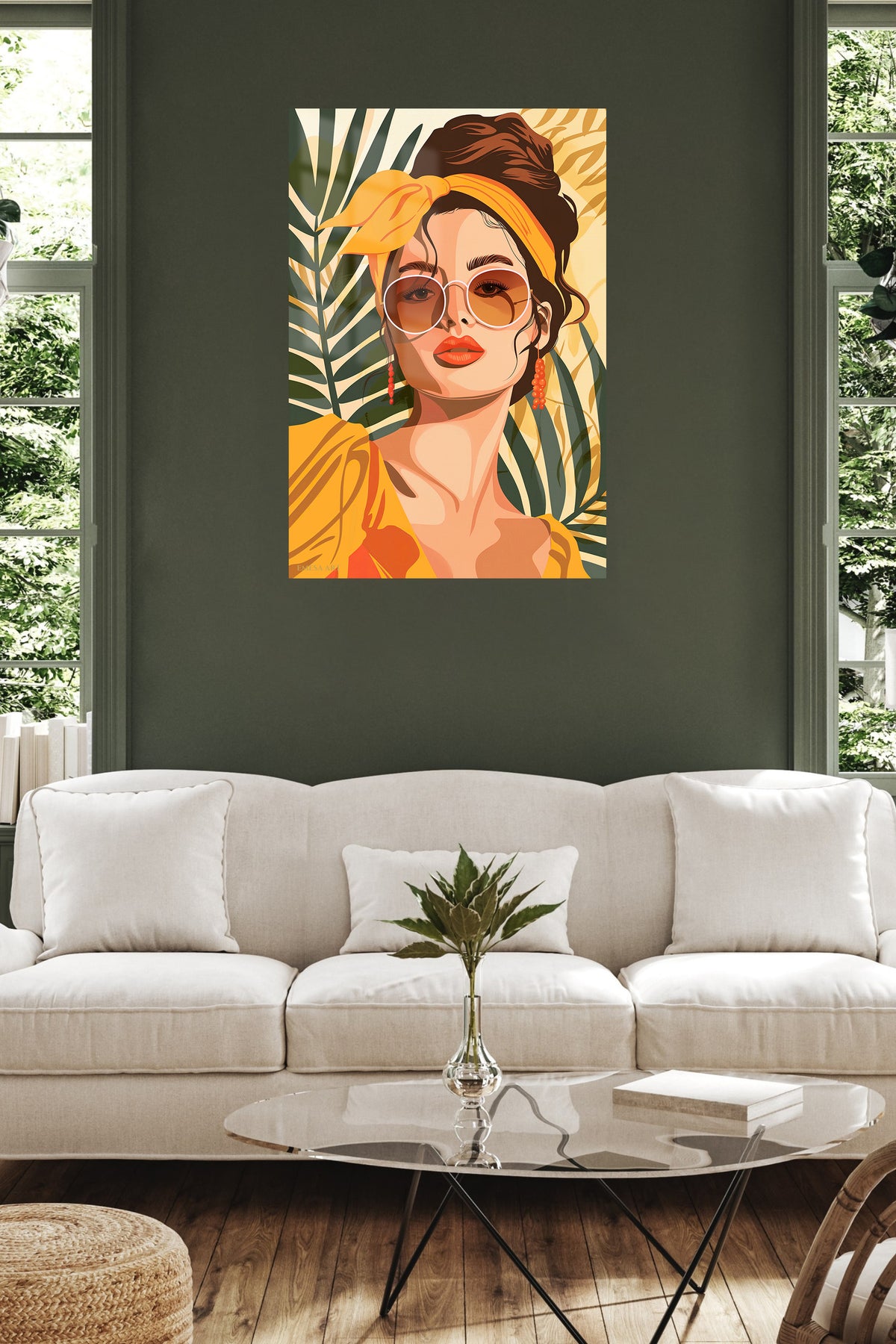Tropical Muse in Amber metal wall art displayed in a contemporary living space
