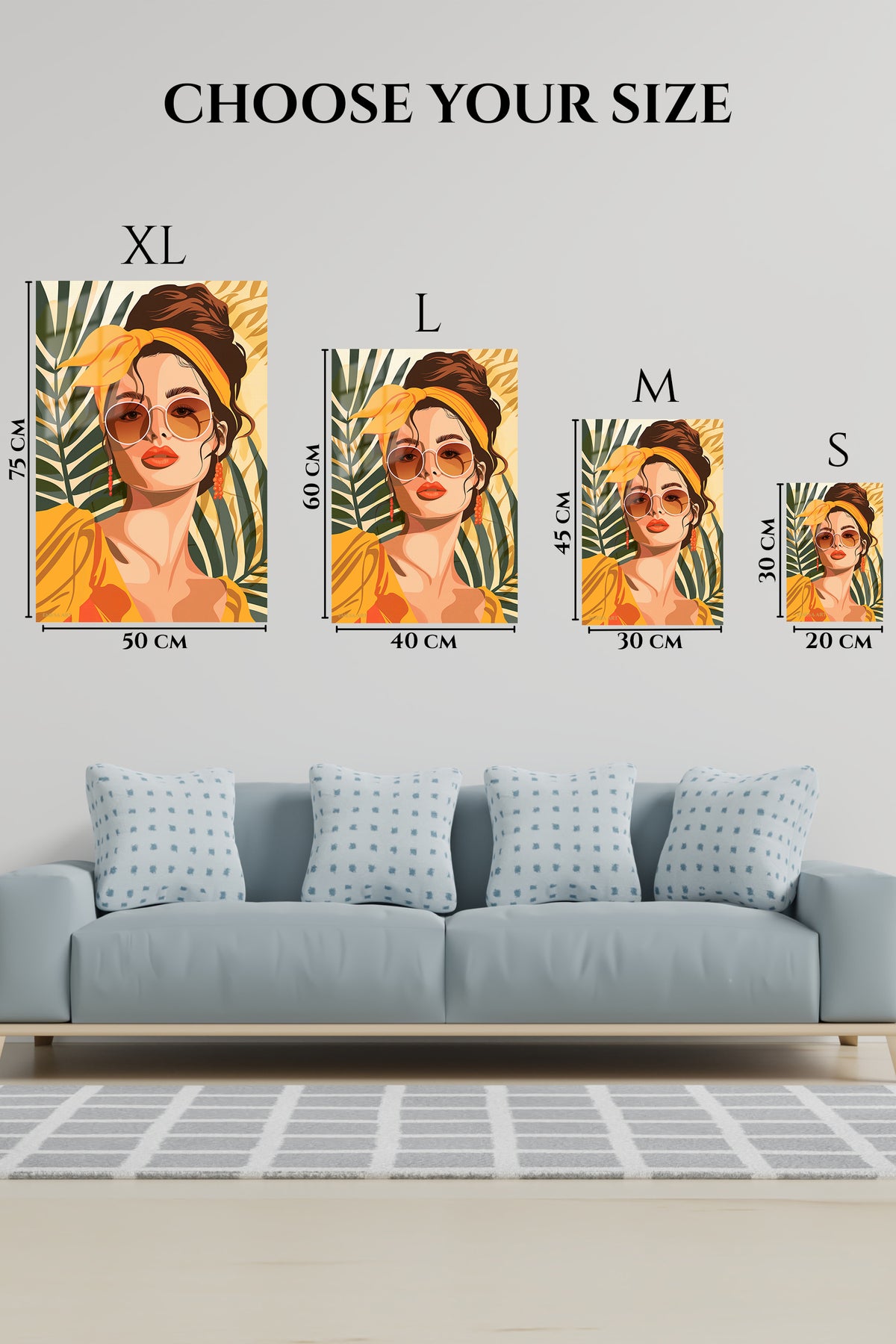 EMESA metal wall art size comparison guide for Tropical Muse in Amber