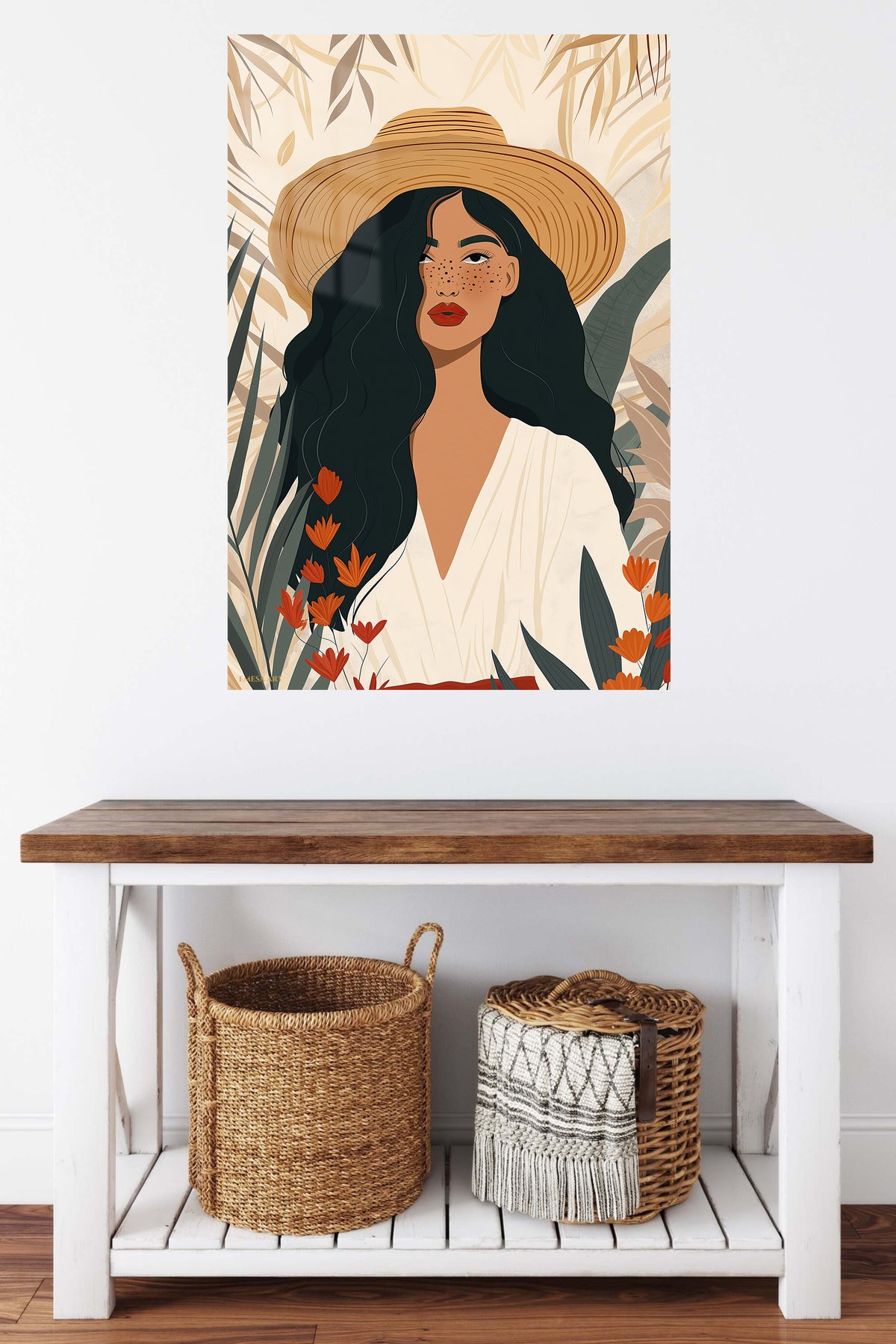 Sun Hat Botanical Muse metal wall art displayed in a contemporary living space