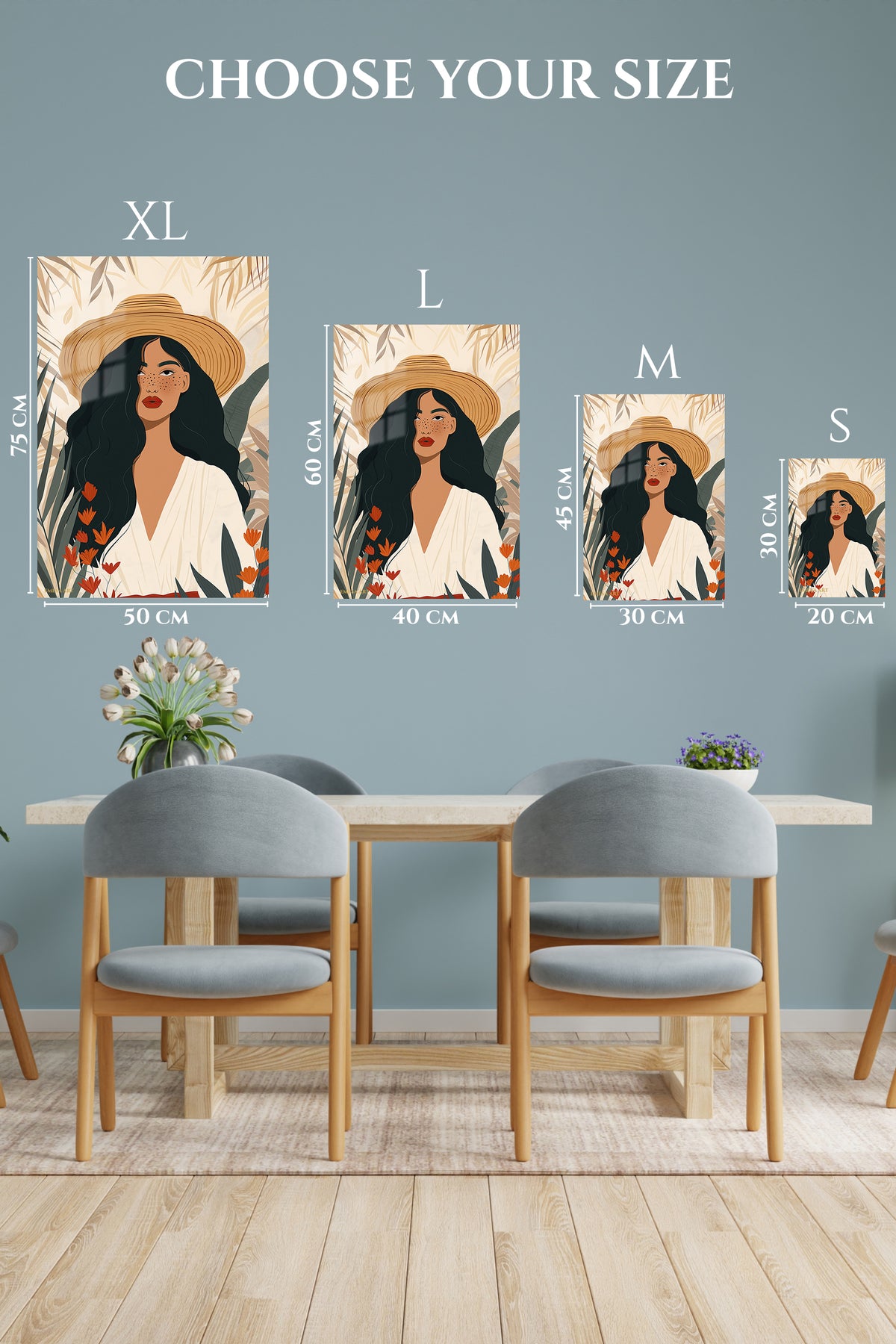 EMESA metal wall art size comparison guide for Sun Hat Botanical Muse