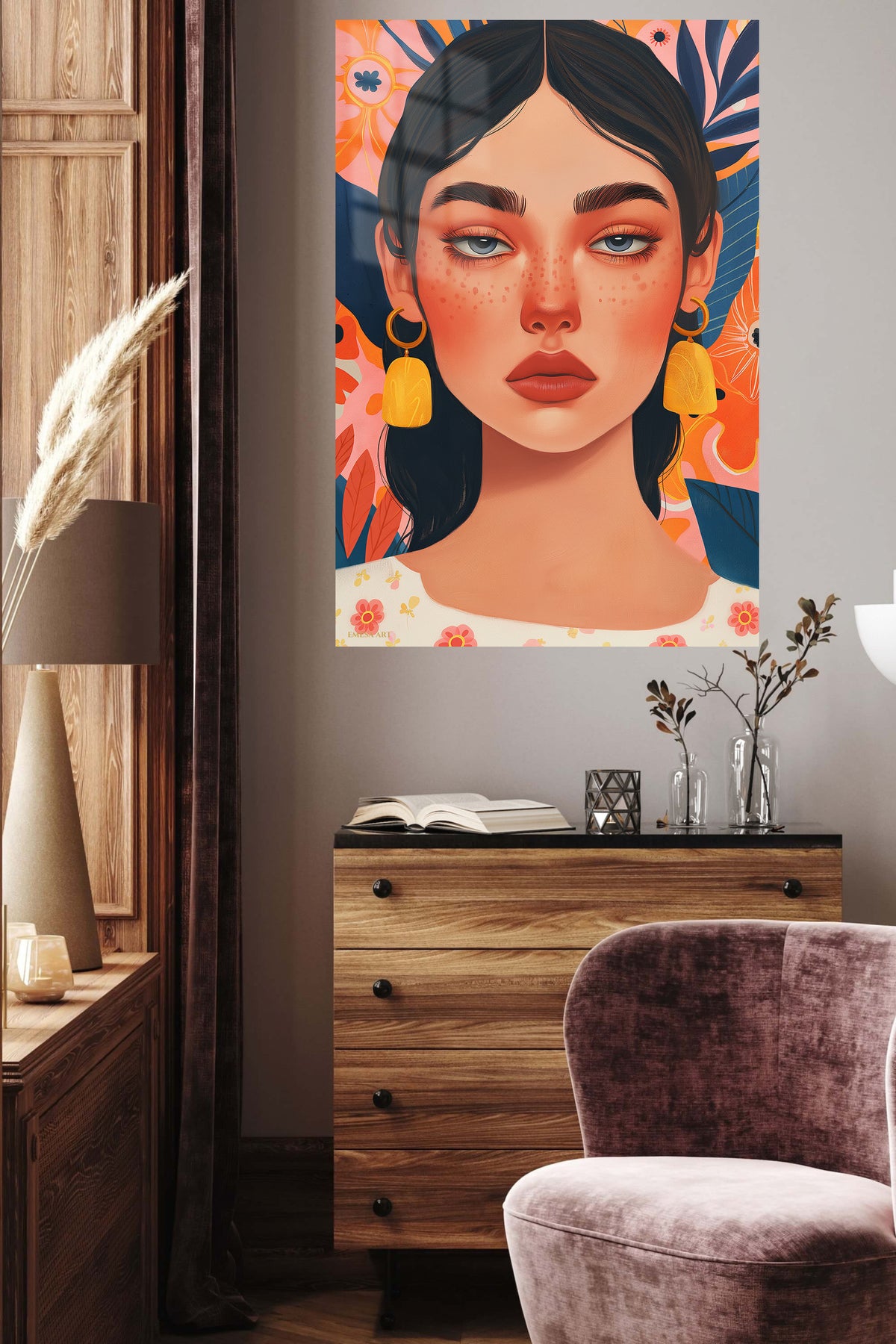 Floral Portrait with Golden Tassels metal wall art displayed in a contemporary living space