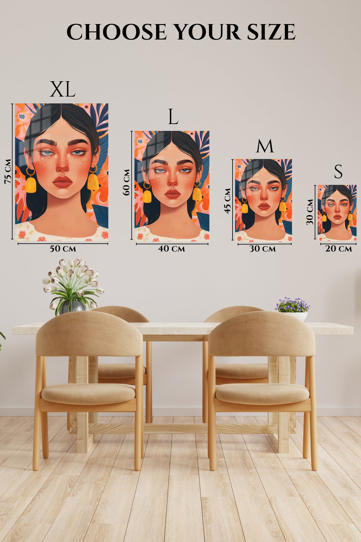 EMESA metal wall art size comparison guide for Floral Portrait with Golden Tassels