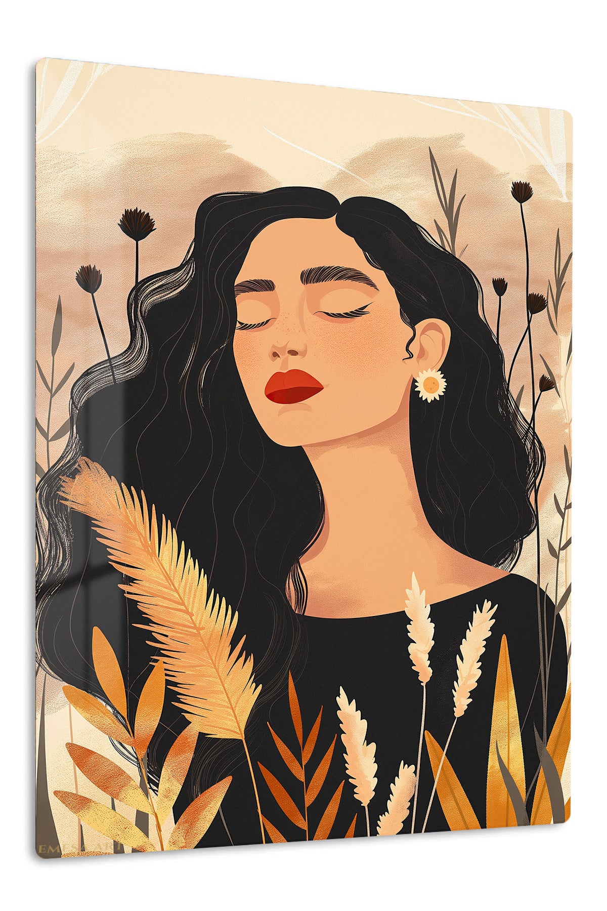Serene Woman Among Wildflowers premium metal wall art – front view