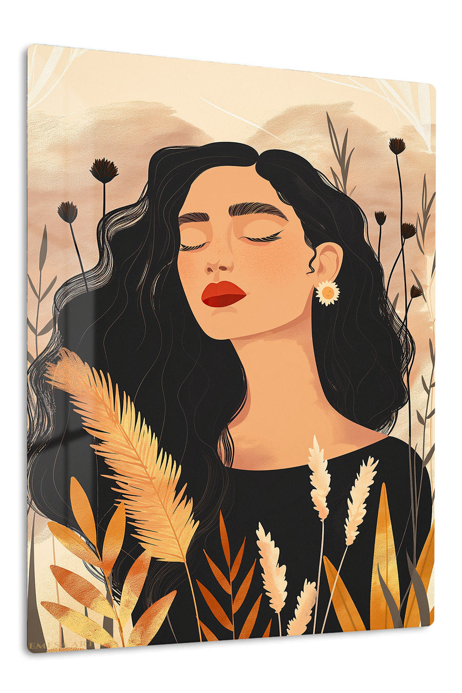 Serene Woman Among Wildflowers premium metal wall art – front view