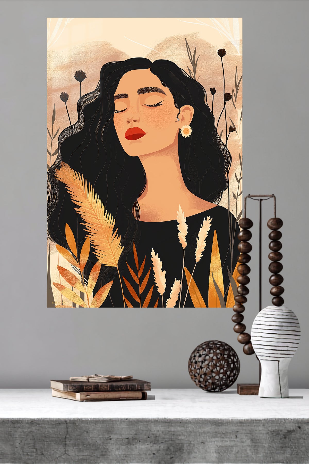 Serene Woman Among Wildflowers metal wall art displayed in a modern interior