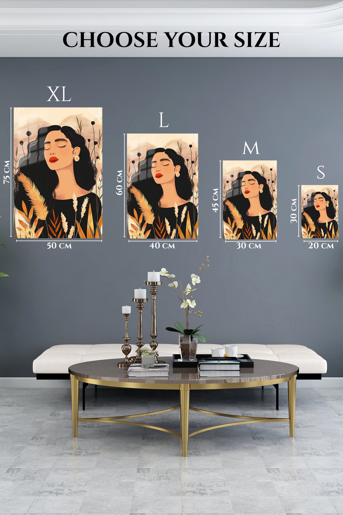 EMESA metal wall art size comparison guide for Serene Woman Among Wildflowers
