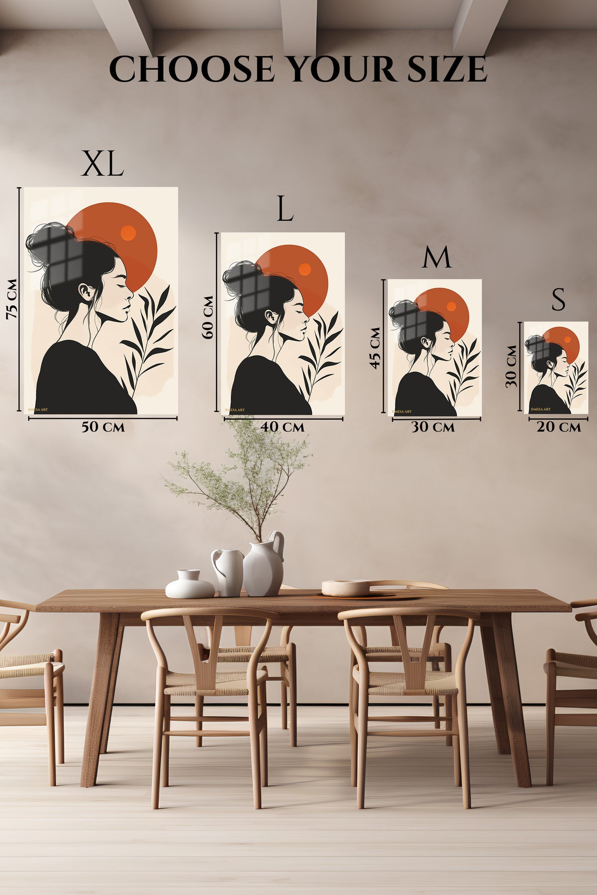 EMESA metal wall art size comparison guide for Terracotta Sun Portrait