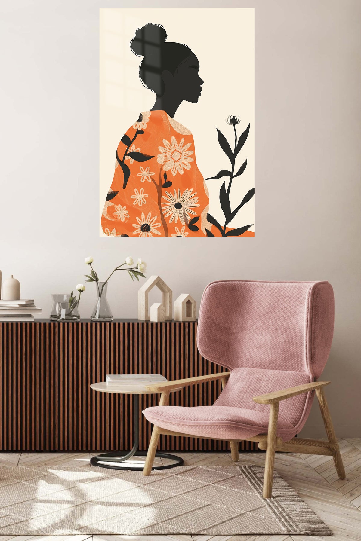 Floral Silhouette in Terracotta metal wall art displayed in a contemporary living space
