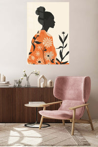Floral Silhouette in Terracotta metal wall art displayed in a contemporary living space