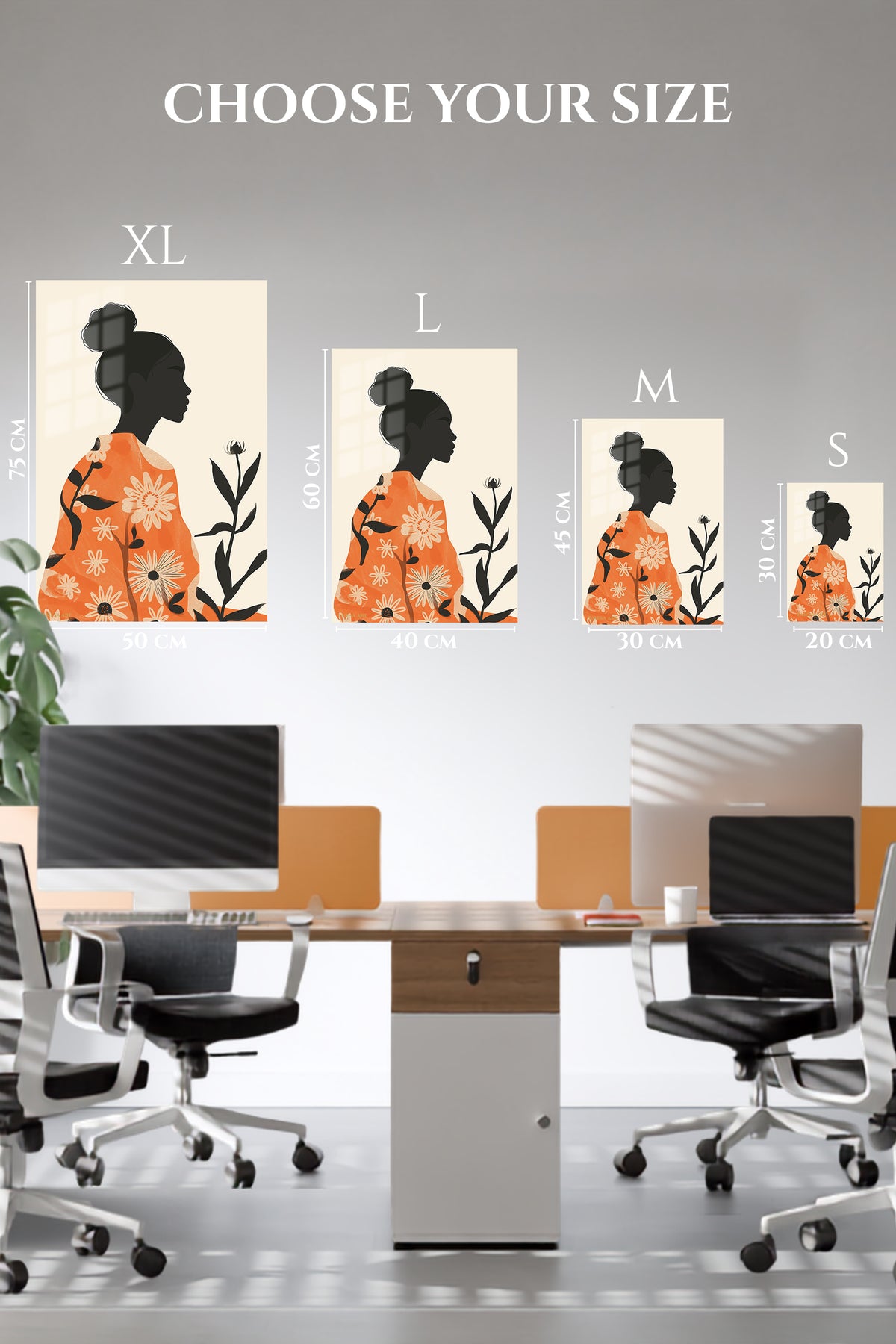 EMESA metal wall art size comparison guide for Floral Silhouette in Terracotta