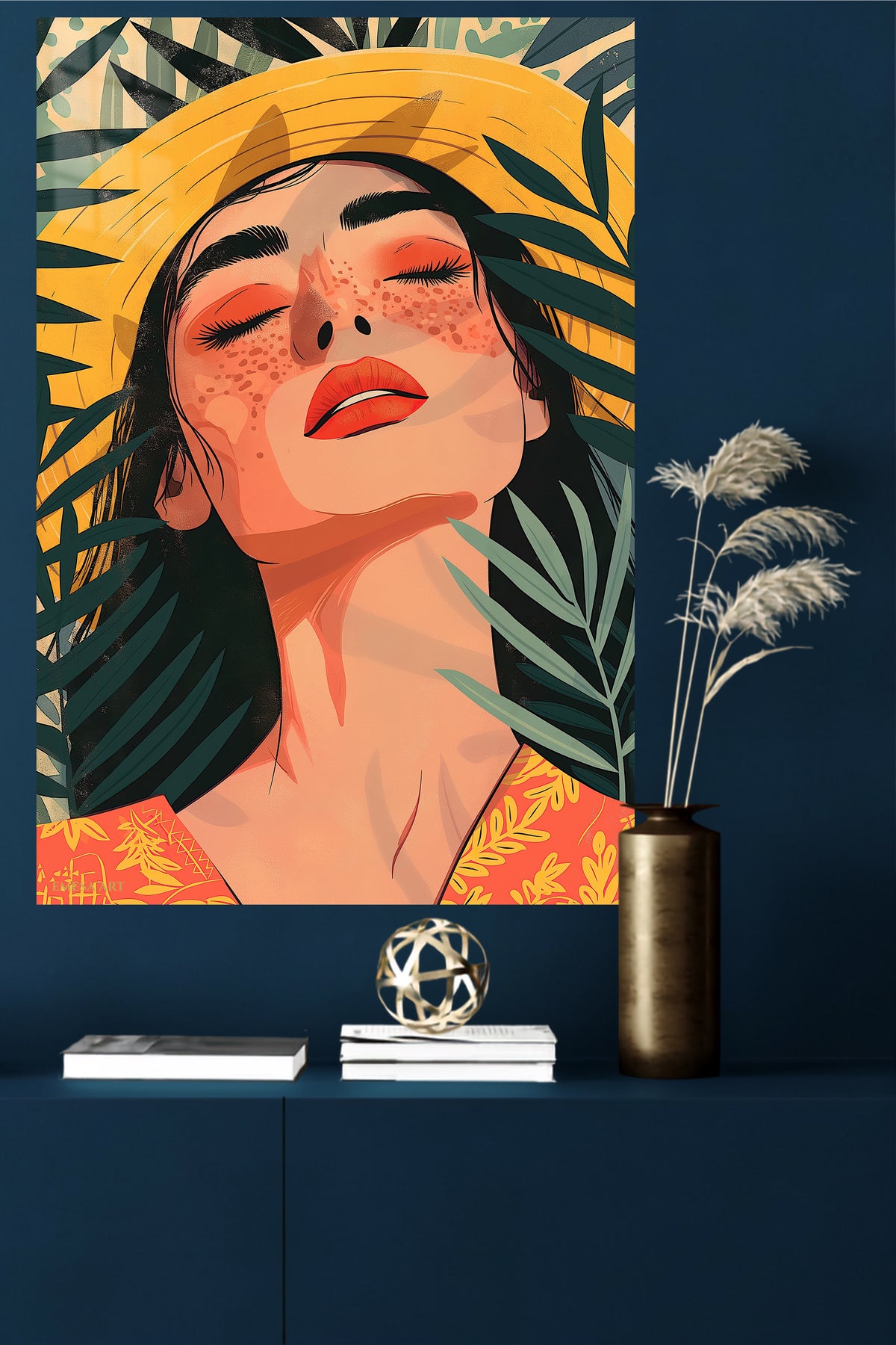 Tropical Sunhat Portrait metal wall art displayed in a modern interior