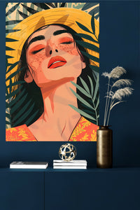 Tropical Sunhat Portrait metal wall art displayed in a modern interior