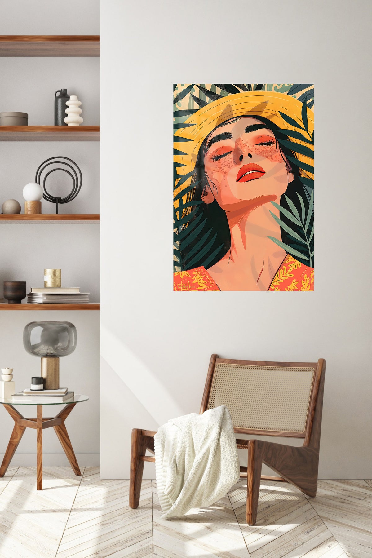 Tropical Sunhat Portrait metal wall art displayed in a contemporary living space