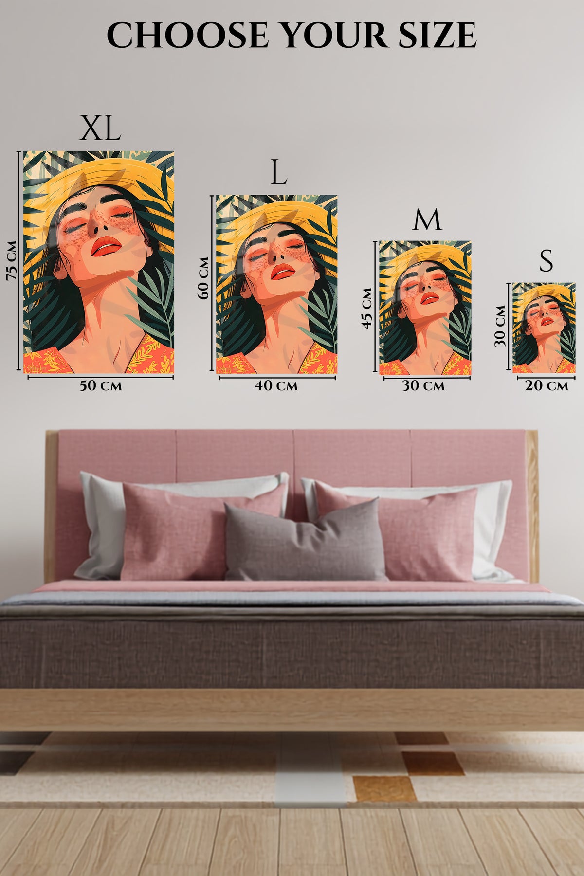 EMESA metal wall art size comparison guide for Tropical Sunhat Portrait