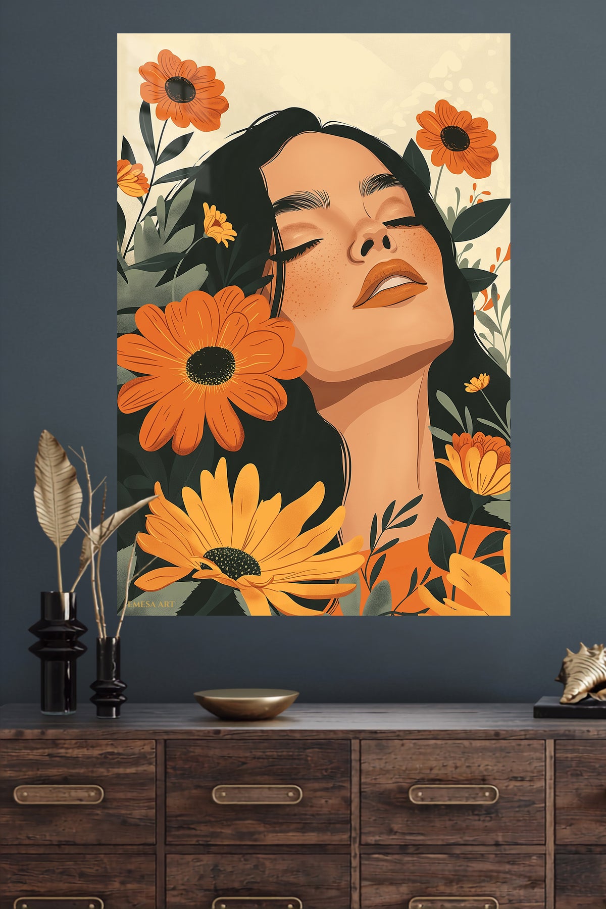 Sunflower Reverie Portrait metal wall art displayed in a modern interior