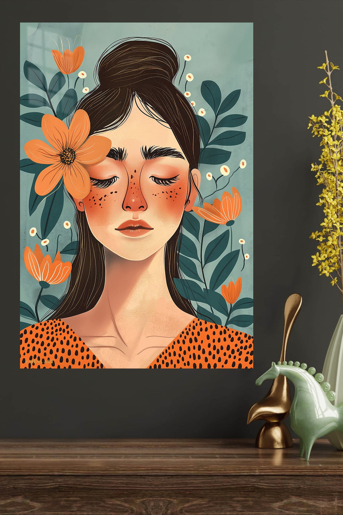 Floral Reverie Portrait metal wall art displayed in a modern interior