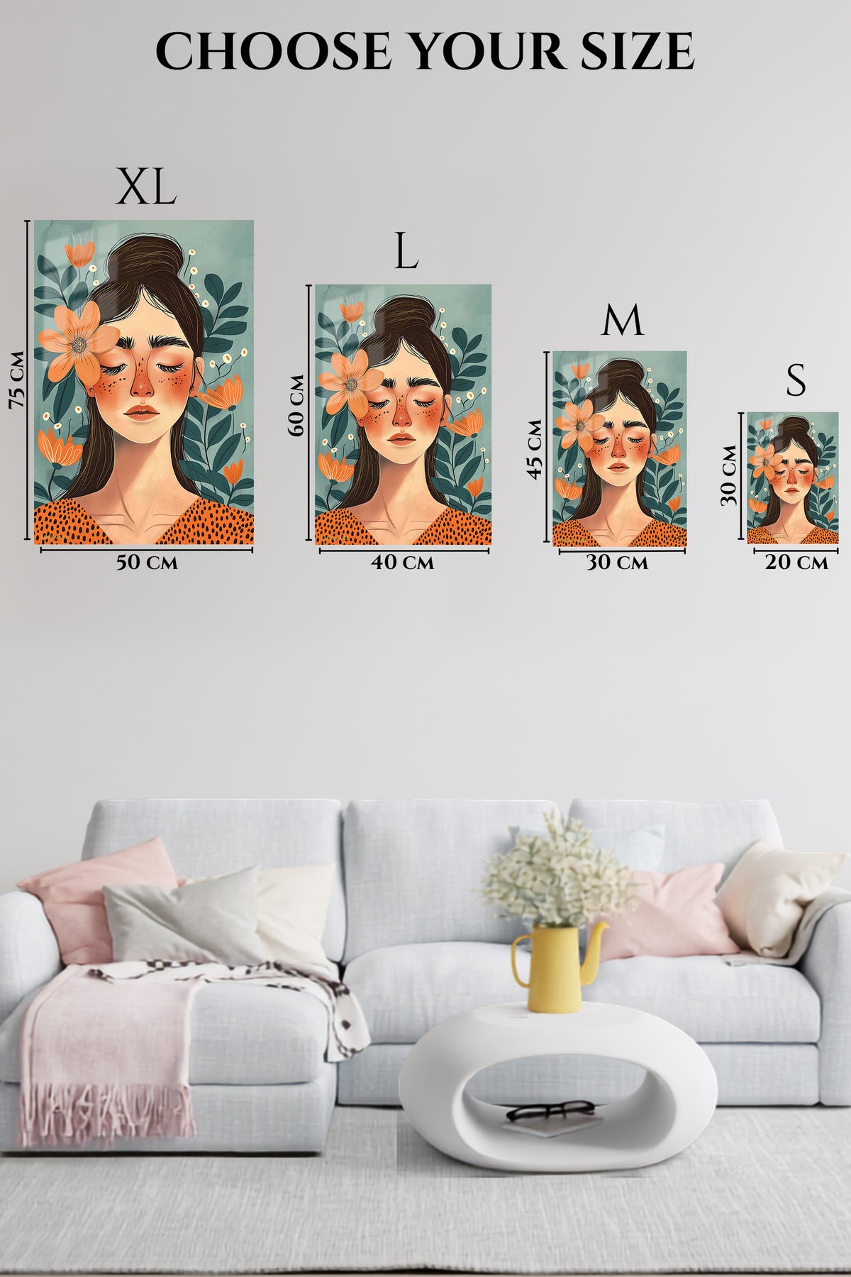 EMESA metal wall art size comparison guide for Floral Reverie Portrait
