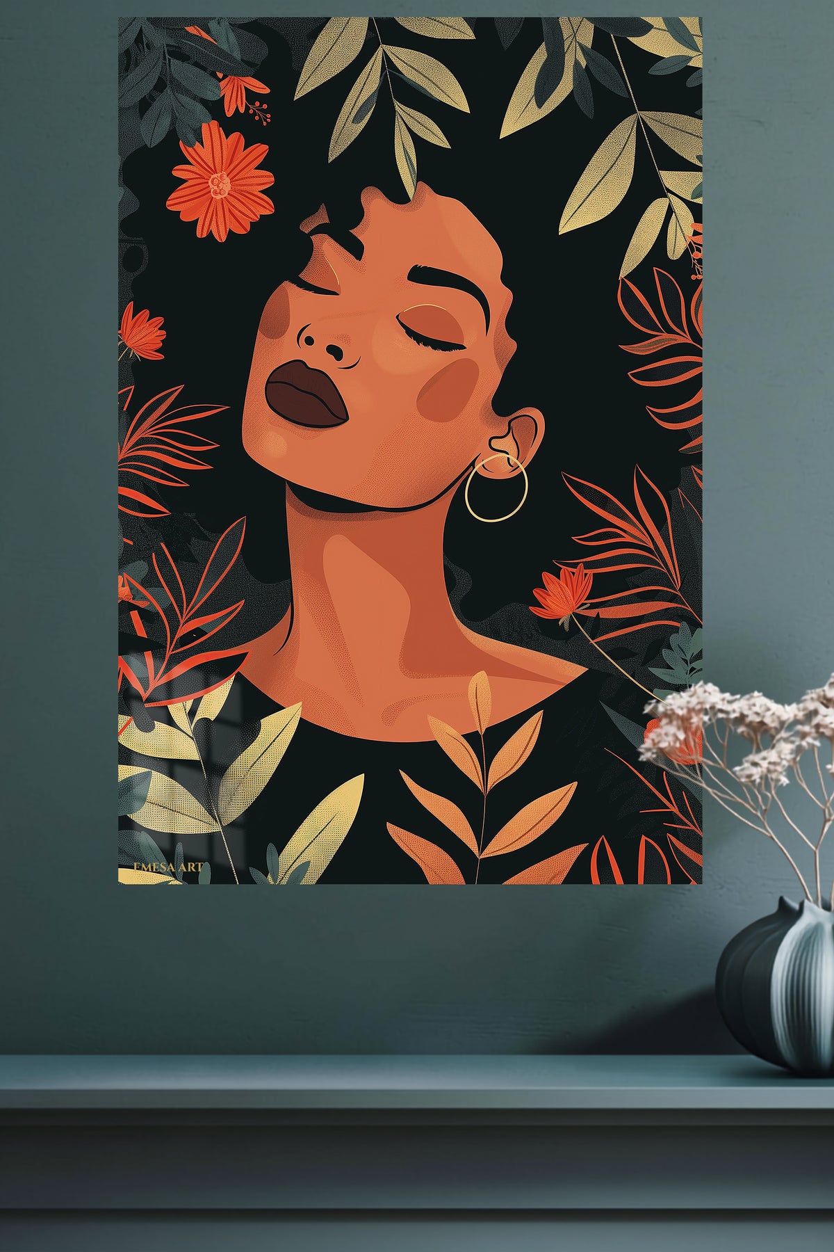 Tropical Floral Portrait metal wall art displayed in a modern interior