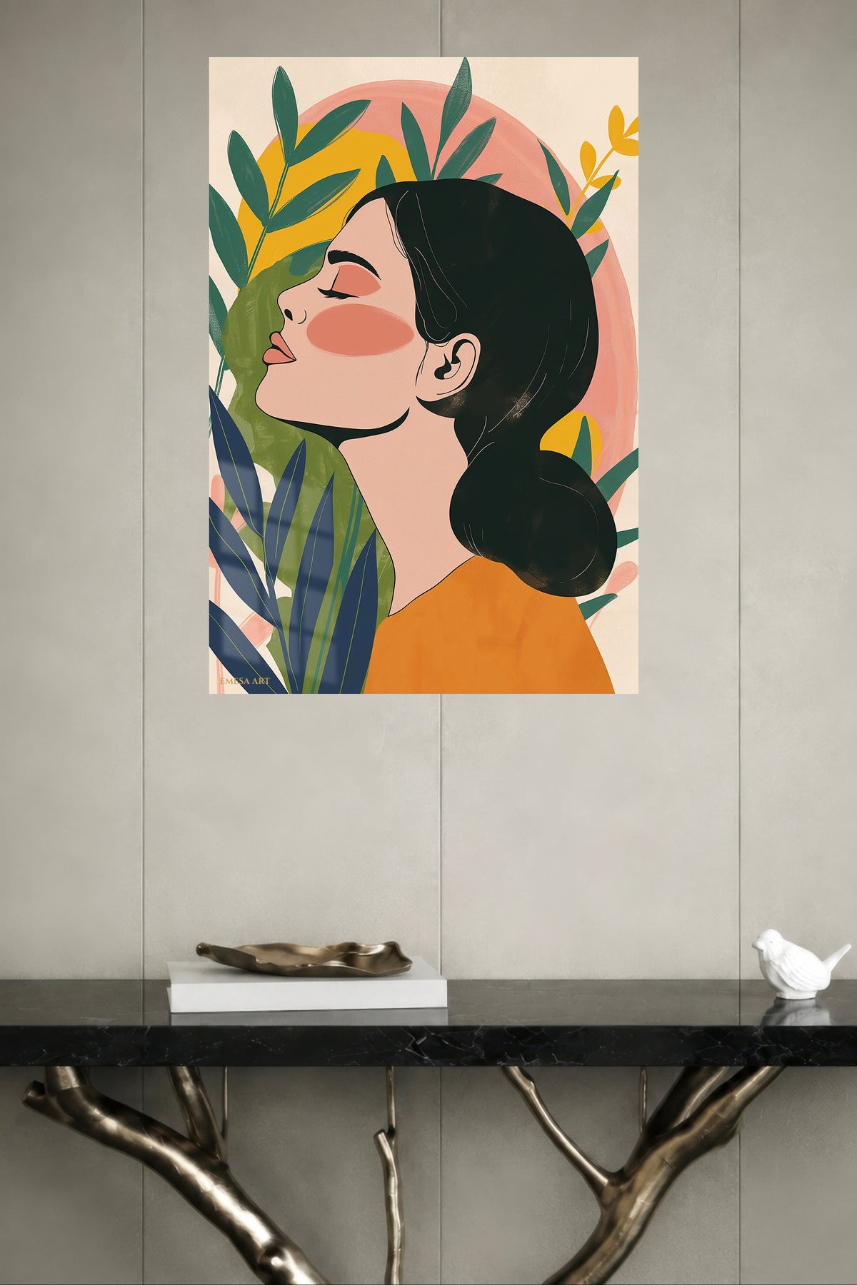 Botanical Profile in Warm Sunset metal wall art displayed in a modern interior
