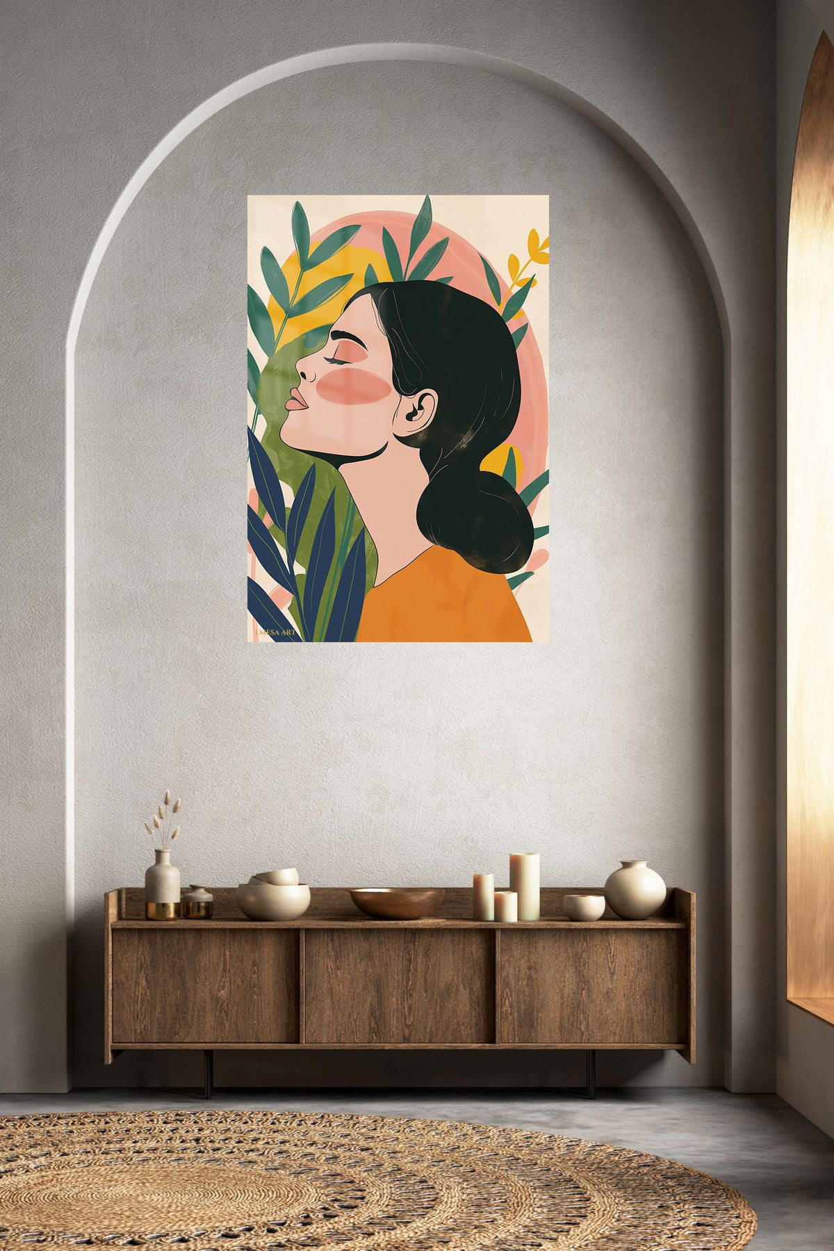 Botanical Profile in Warm Sunset metal wall art displayed in a contemporary living space