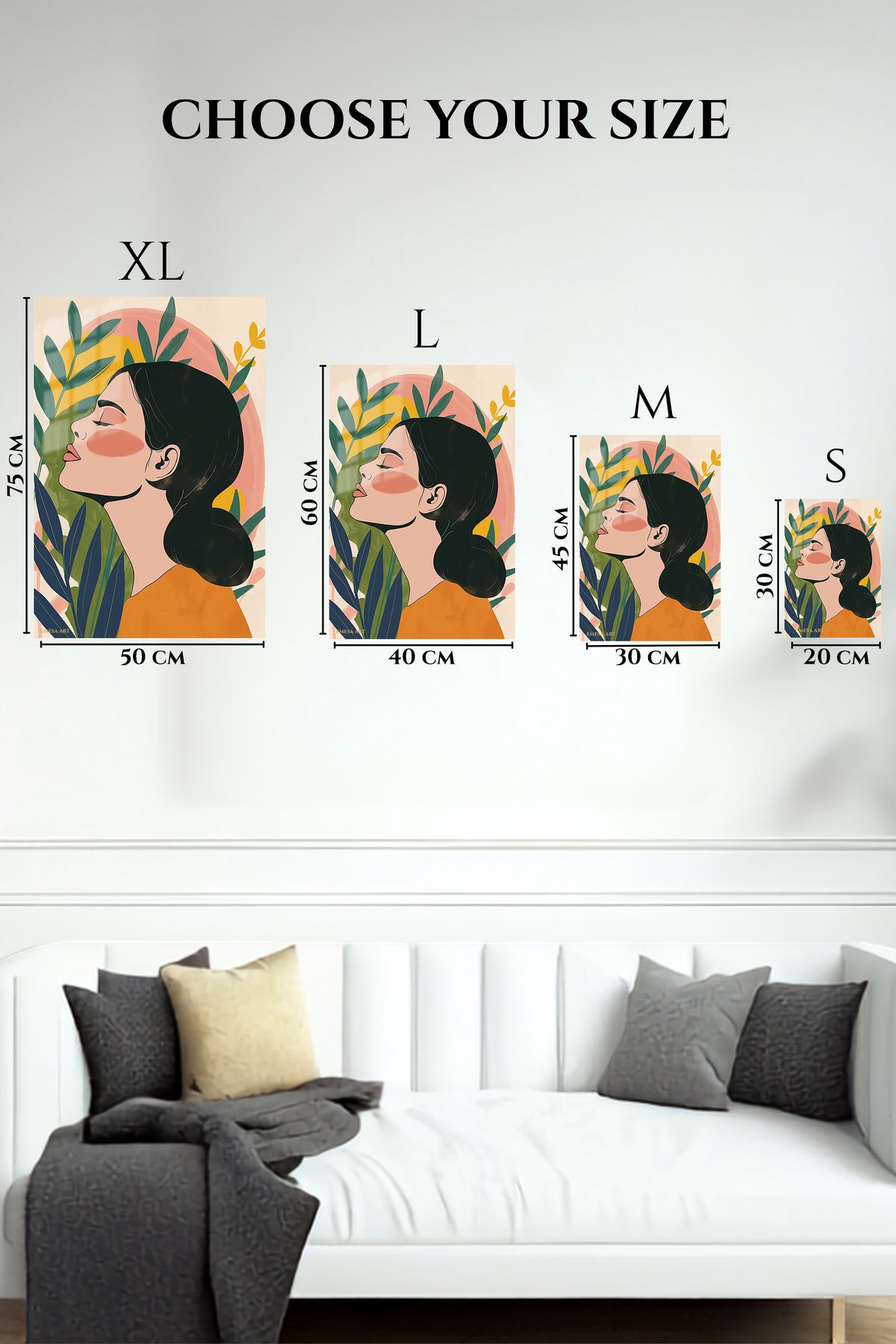 EMESA metal wall art size comparison guide for Botanical Profile in Warm Sunset
