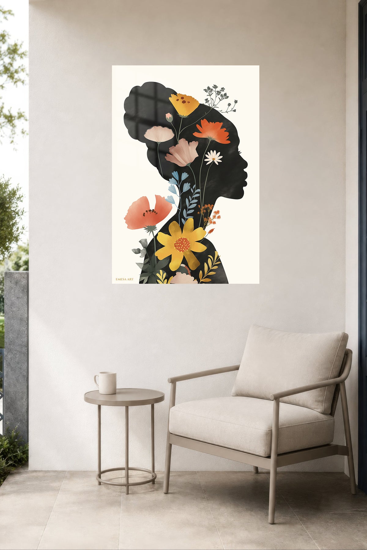 Wildflower Woman Silhouette metal wall art displayed in a contemporary living space