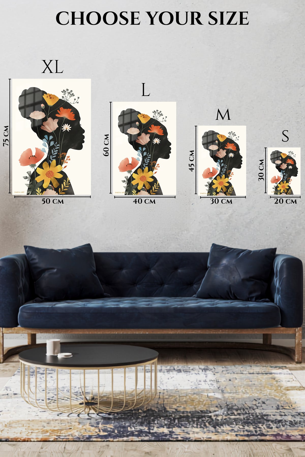 EMESA metal wall art size comparison guide for Wildflower Woman Silhouette