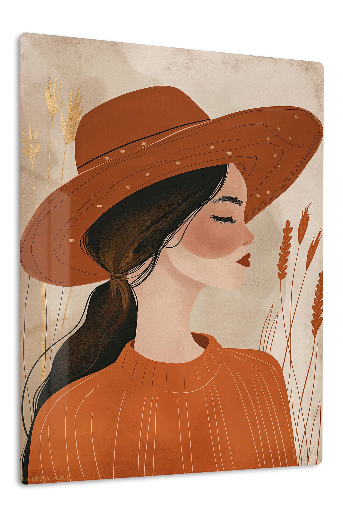 Terracotta Hat Portrait premium metal wall art – front view