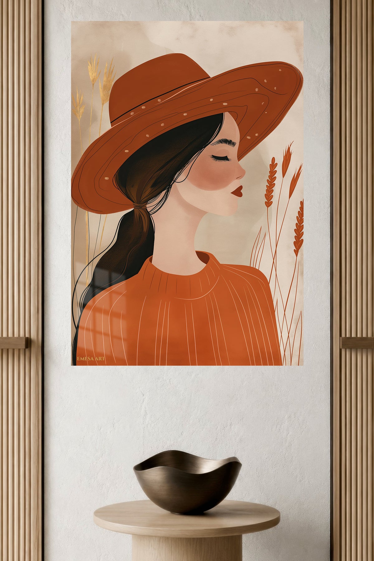 Terracotta Hat Portrait metal wall art displayed in a modern interior