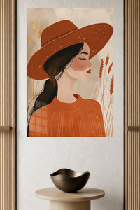 Terracotta Hat Portrait metal wall art displayed in a modern interior