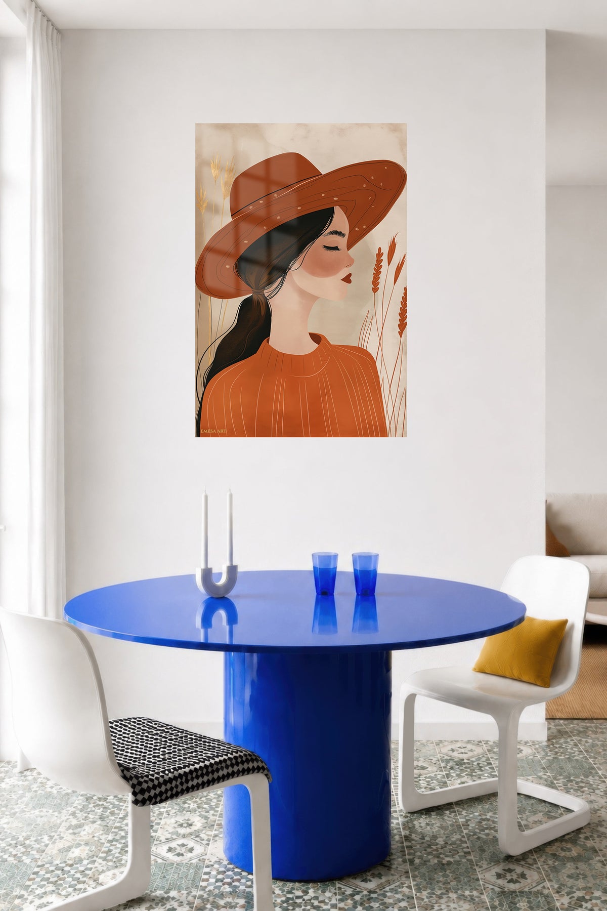 Terracotta Hat Portrait metal wall art displayed in a contemporary living space