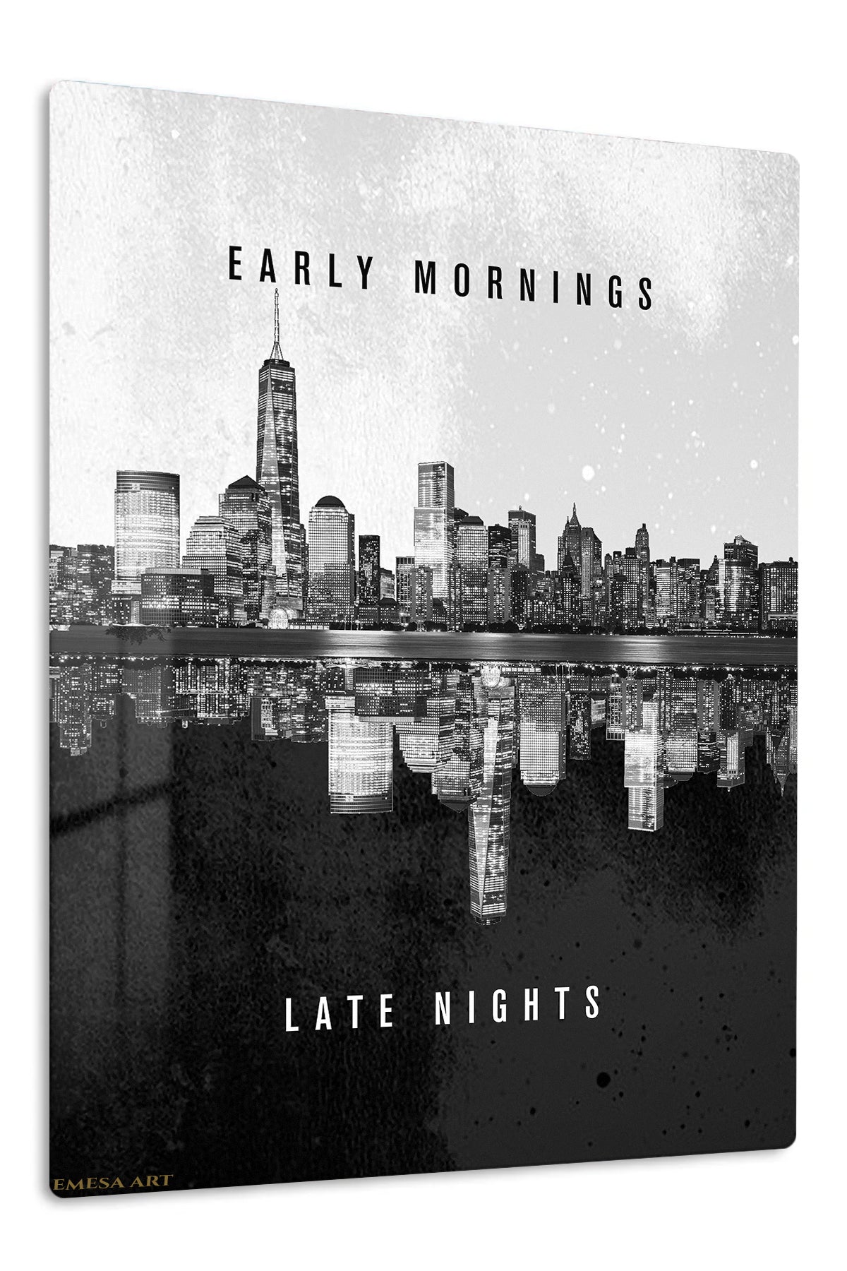 Early Mornings Late Nights City Reflection premium metal wall art – front view
