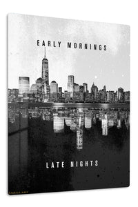 Early Mornings Late Nights City Reflection premium metal wall art – front view