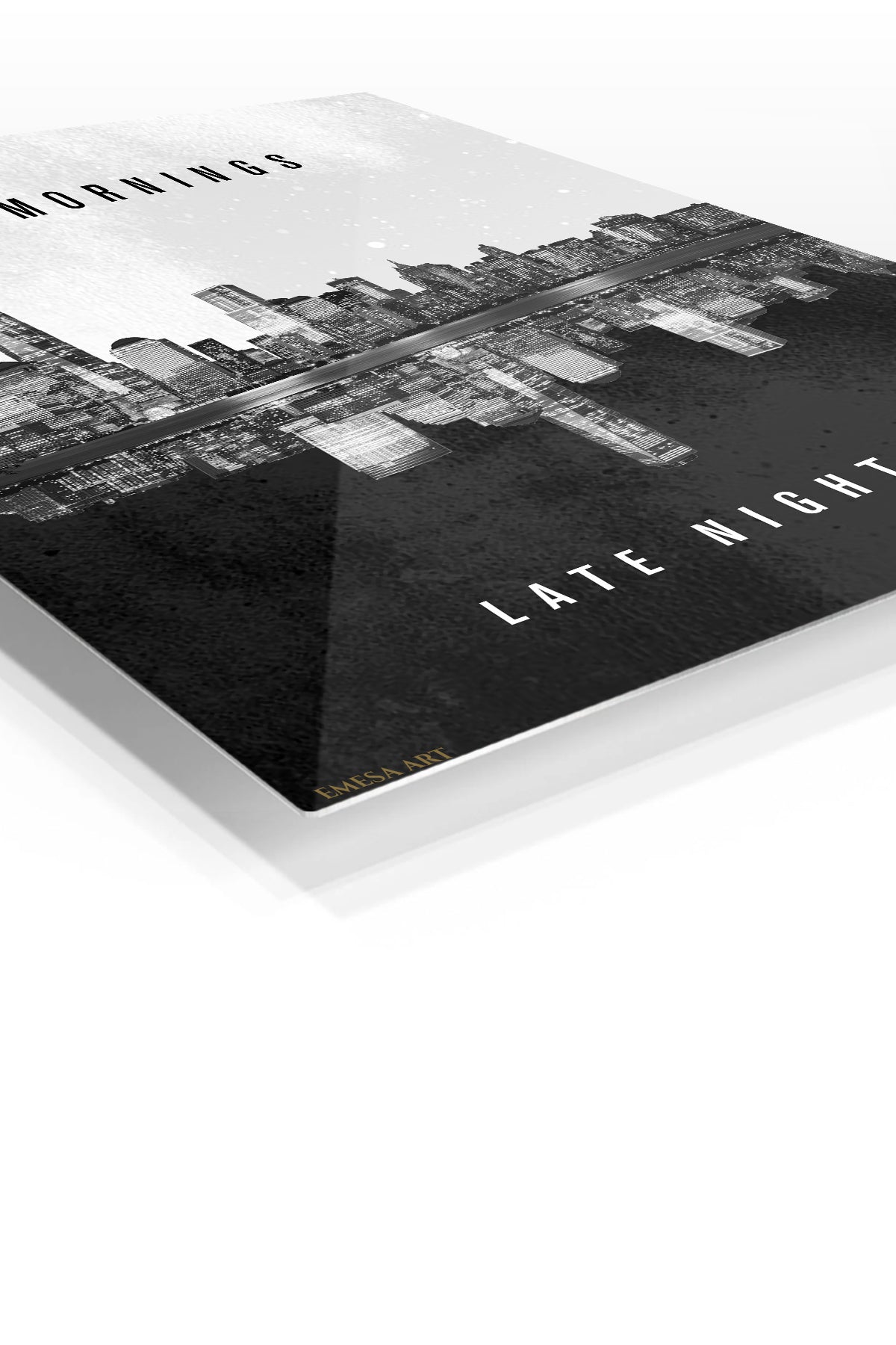 Early Mornings Late Nights City Reflection premium metal wall art – angled view