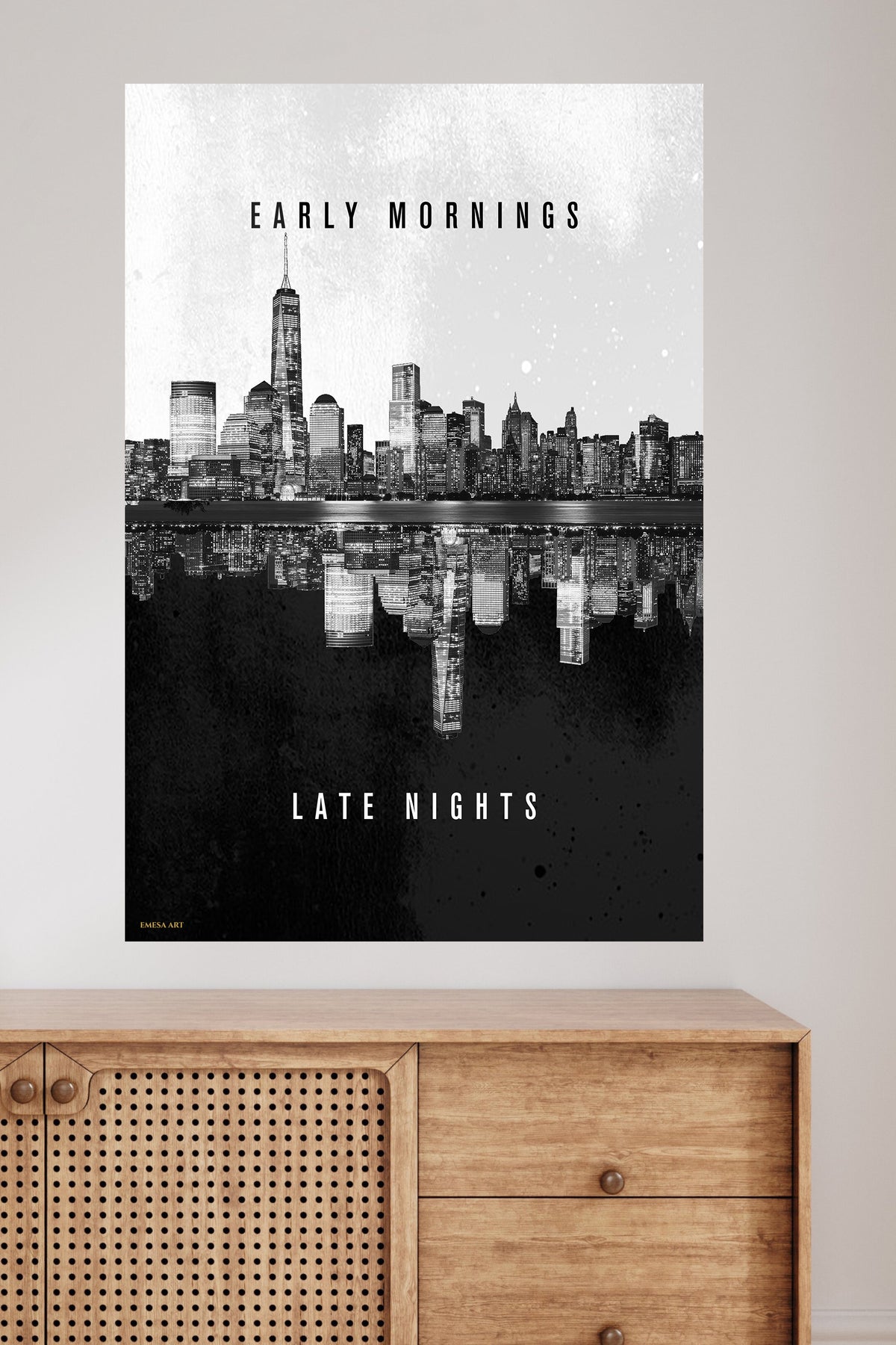 Early Mornings Late Nights City Reflection metal wall art displayed in a modern interior