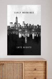 Early Mornings Late Nights City Reflection metal wall art displayed in a modern interior