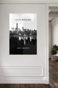 Early Mornings Late Nights City Reflection metal wall art displayed in a contemporary living space